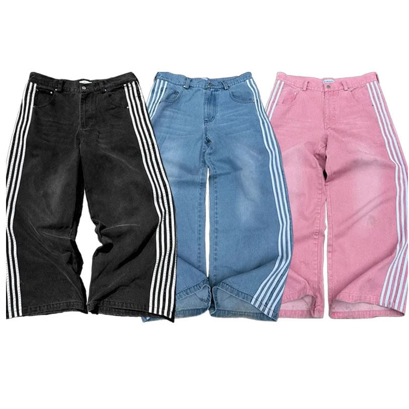 Retro Striped Wide Leg Denim Pants