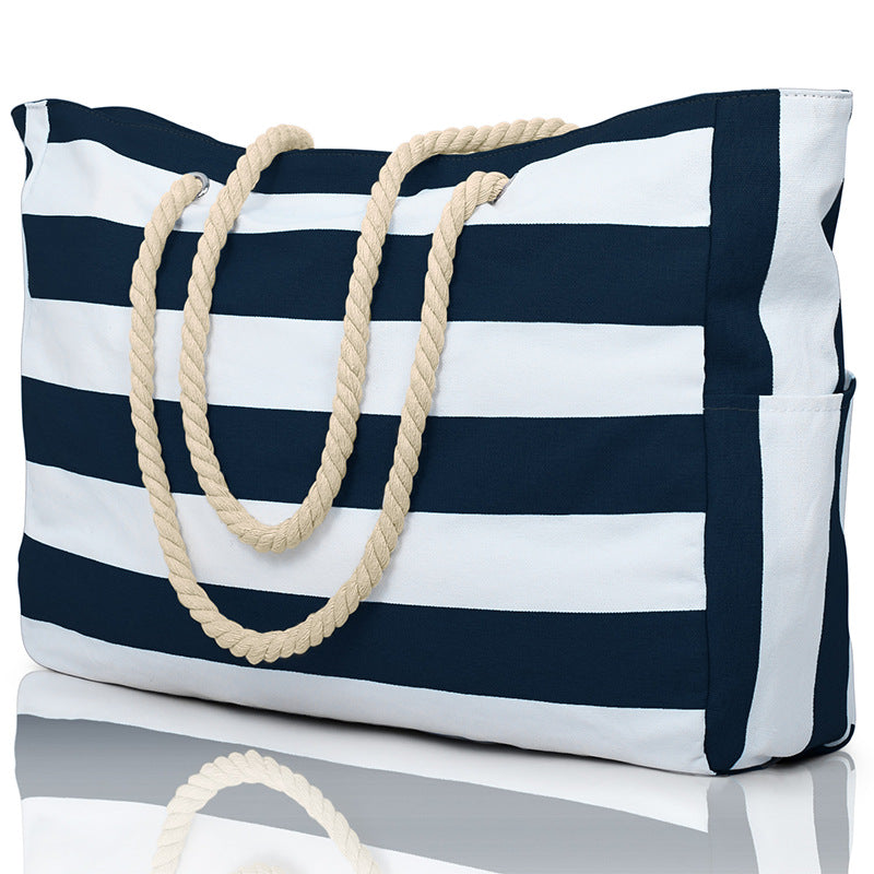 Customizable Name Striped Canvas Beach Bag
