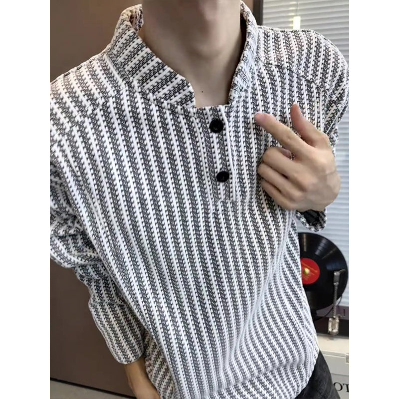 Fishbone Pattern American Henry Collar Long-Sleeved T-Shirt Men's Autum Design Stripesd Sweatshirt Small Fragrant Style Stand-Up Collar Jacket
