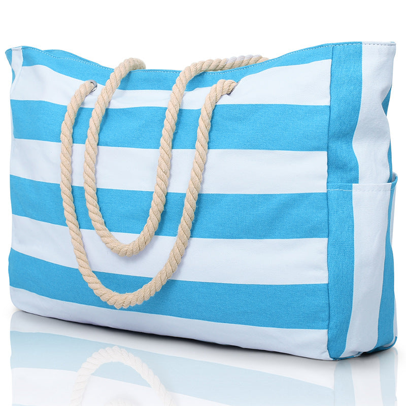 Customizable Name Striped Canvas Beach Bag