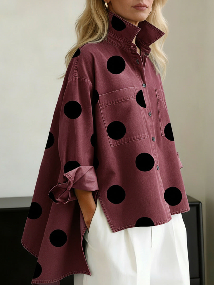 Printed Faux Denim Stand Collar Casual Shirt