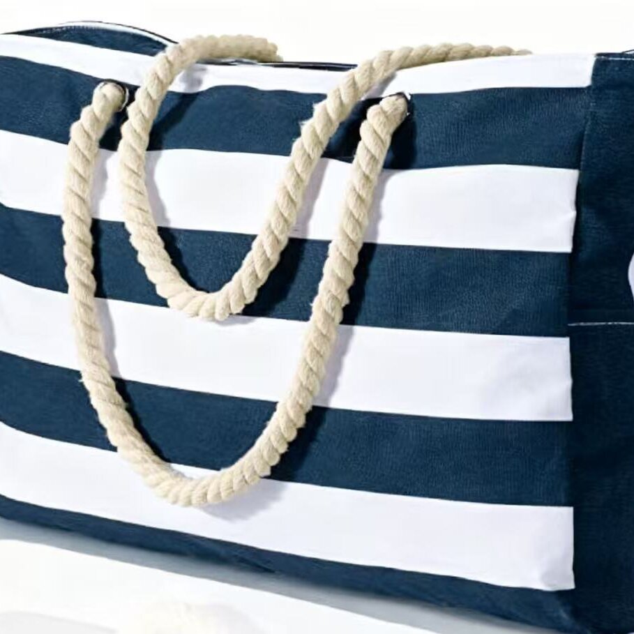 Customizable Name Striped Canvas Beach Bag