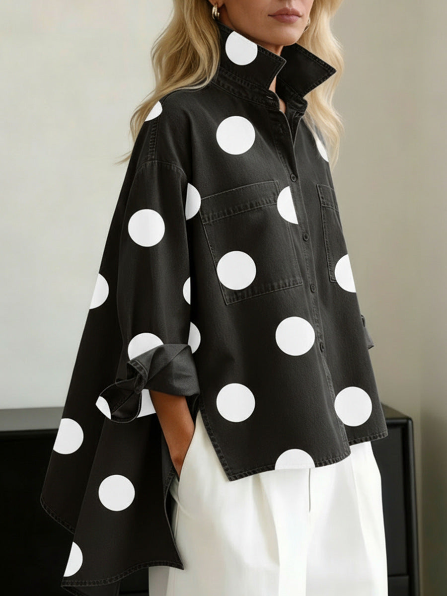 Printed Faux Denim Stand Collar Casual Shirt