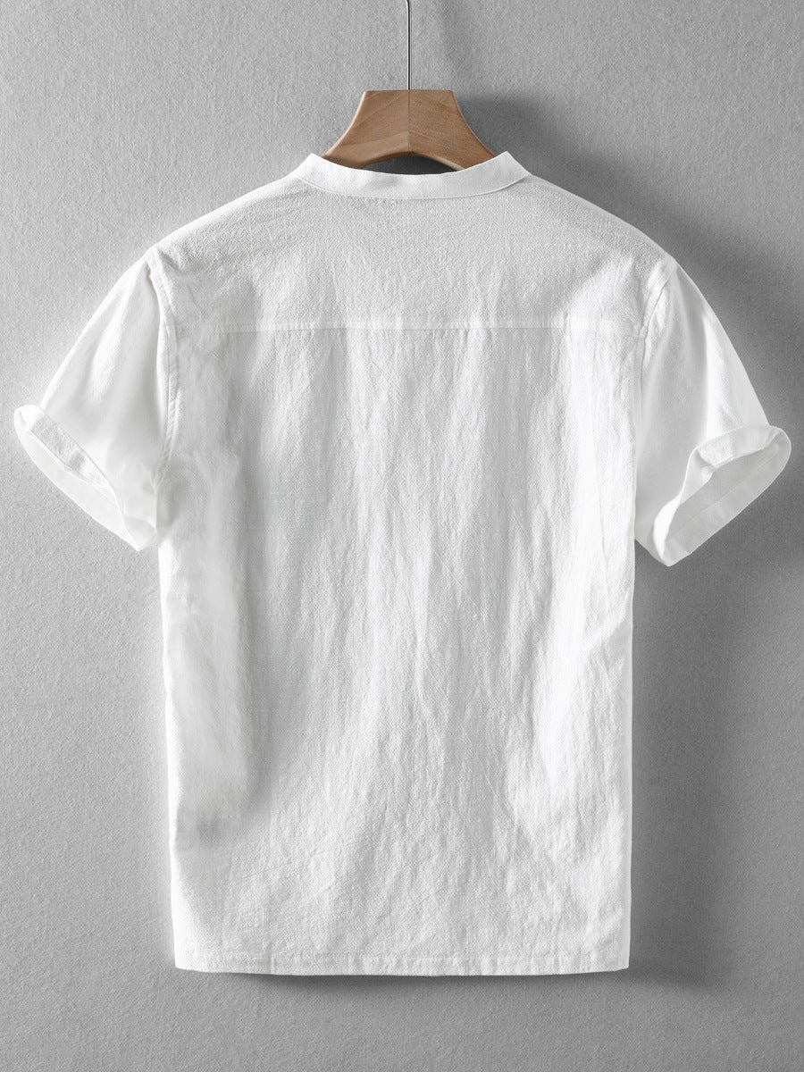 Men's Short-Sleeve Linen Stand Collar Shirt